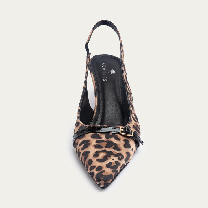 Scarla Sling kitten Heels | Satin Leopard