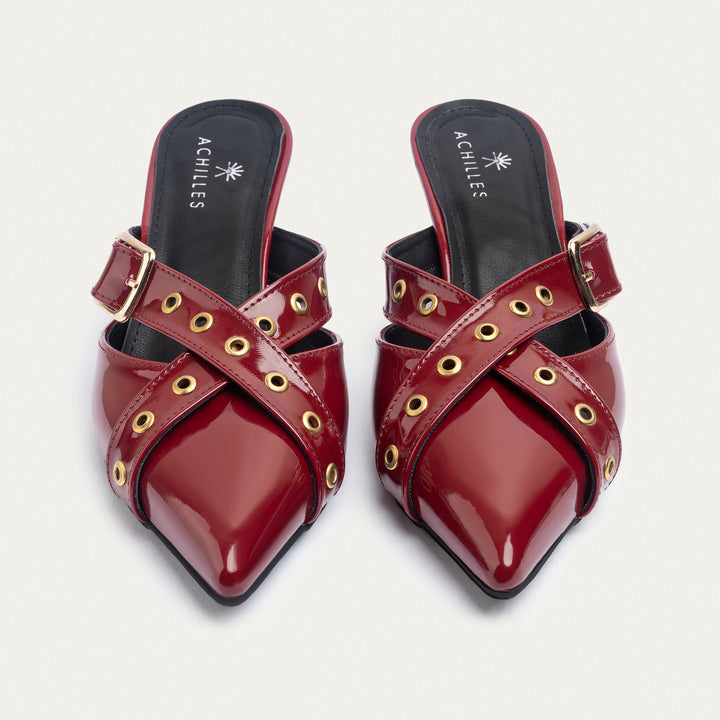 Clara Buckled Patent Mules | Crimson Red