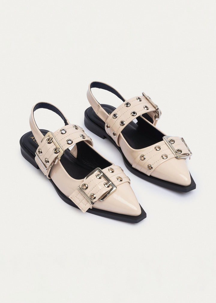 Achilles Lana|Slingback Buckle Pointy Flats - Glossy Beige