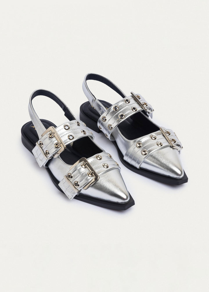 Lana Slingback Buckle Pointy Flats | Metallic Silver