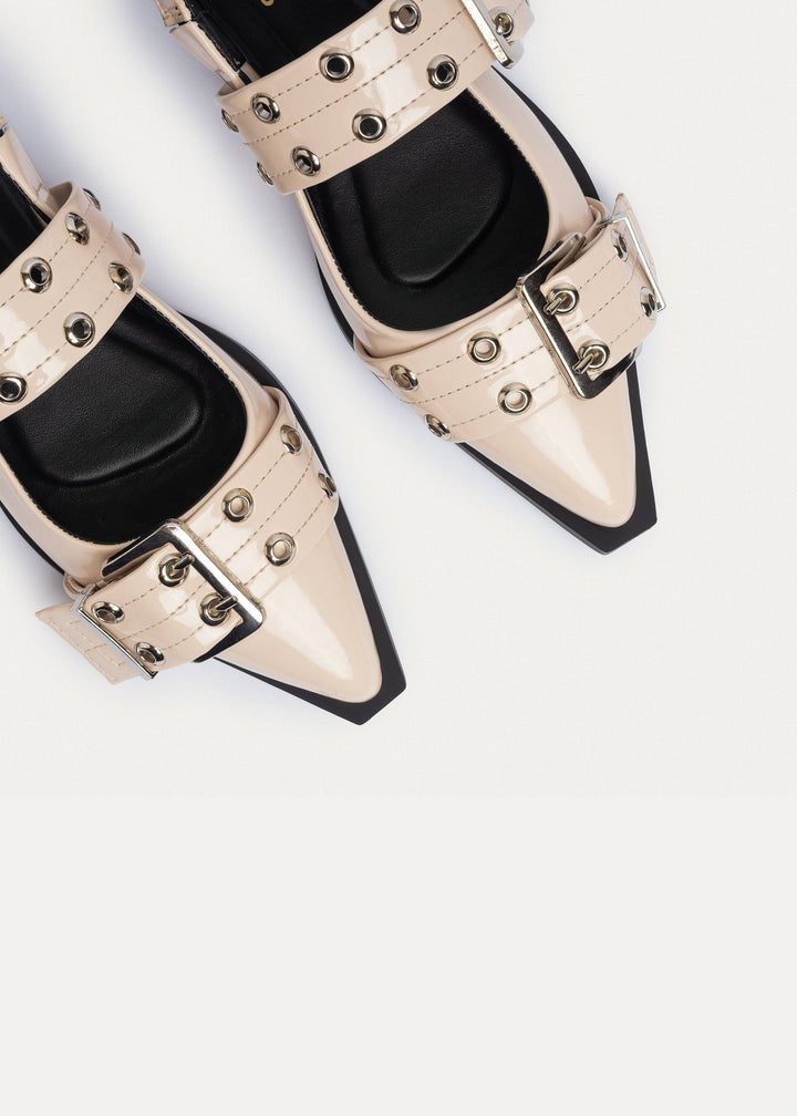 Lana Slingback Buckle Pointy Flats | Glossy Beige