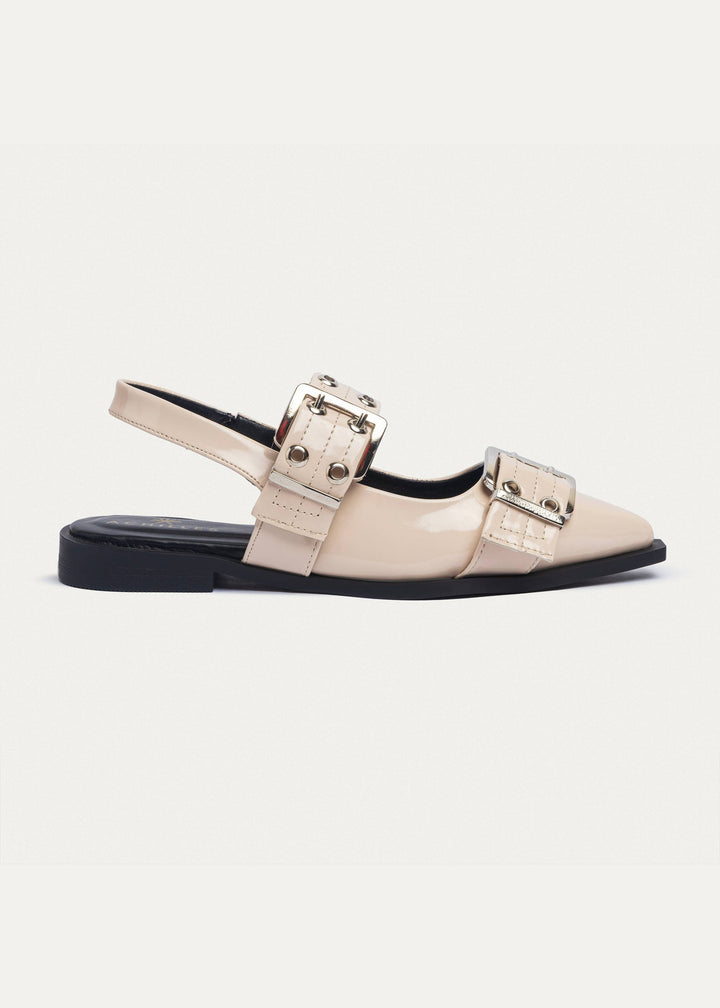 Lana Slingback Buckle Pointy Flats | Glossy Beige
