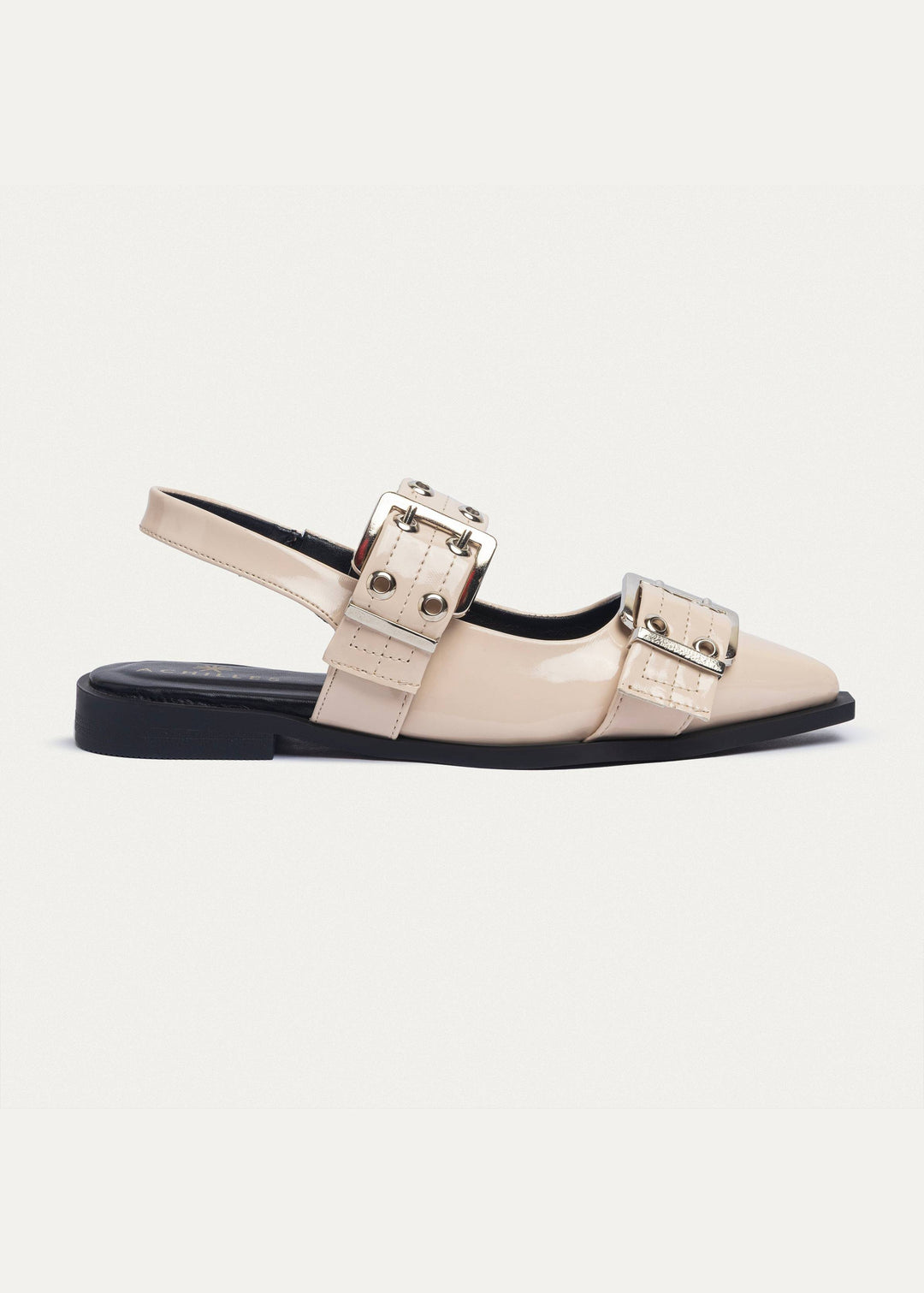 Achilles Lana|Slingback Buckle Pointy Flats - Glossy Beige