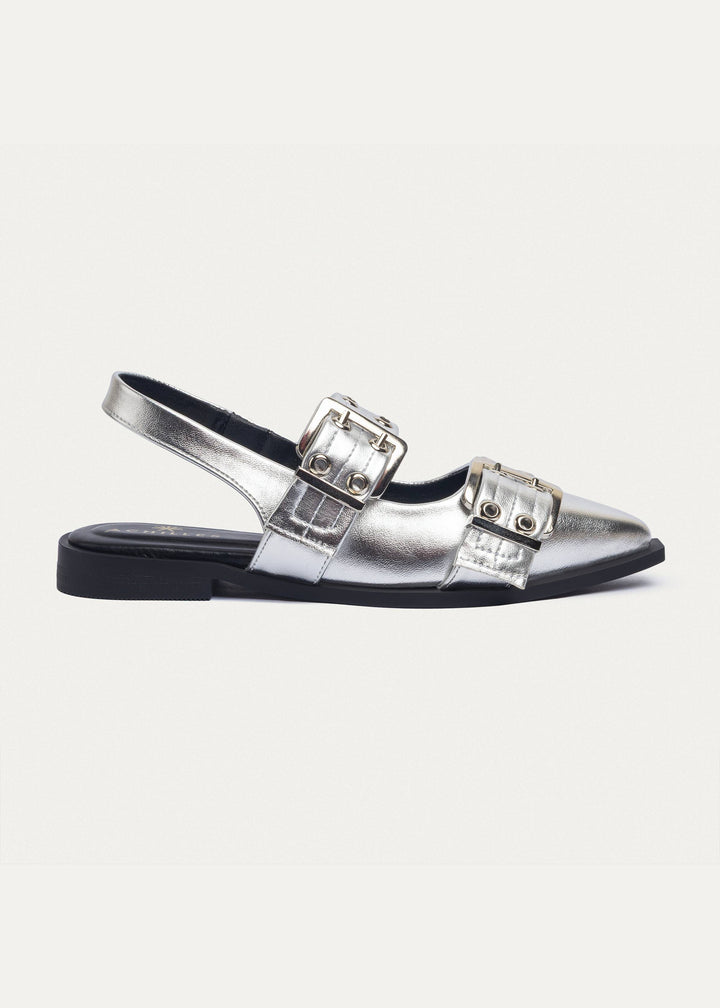 Lana Slingback Buckle Pointy Flats | Metallic Silver