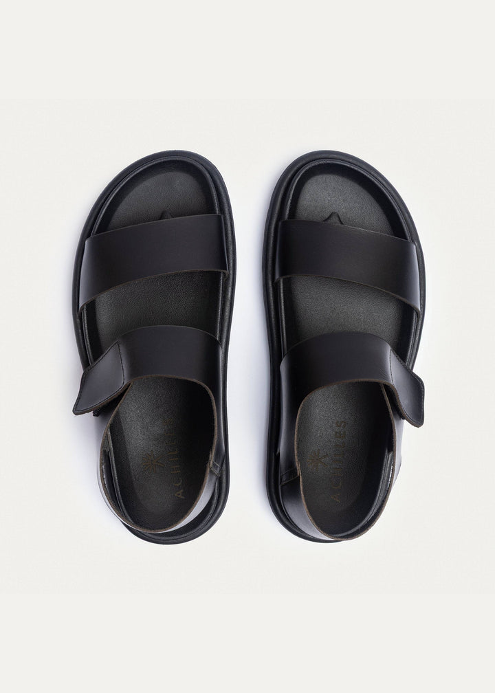 Achilles | Nero Velcro Strap Sandals - Black
