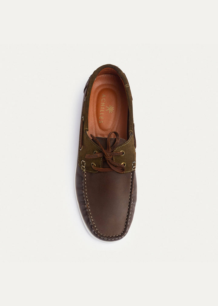 Achilles | Harbor Men’s Leather Boat Shoes - Brown X Olive