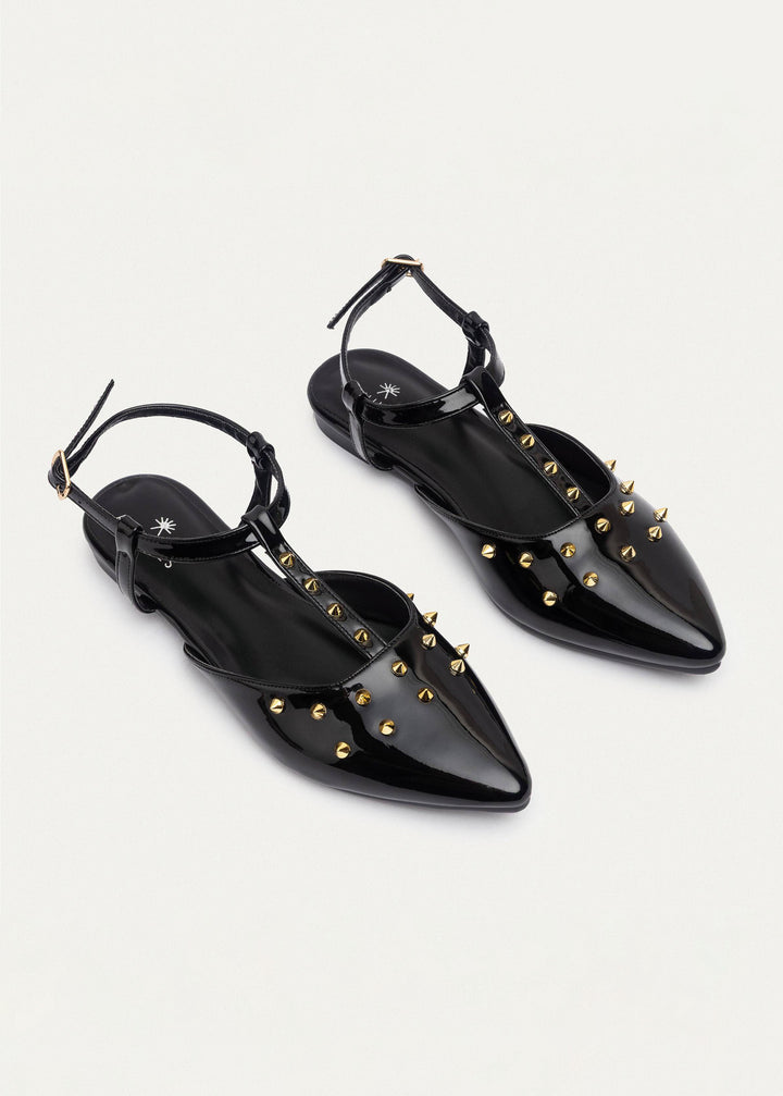 Star Stud ankle strap sandals | Glossy Black
