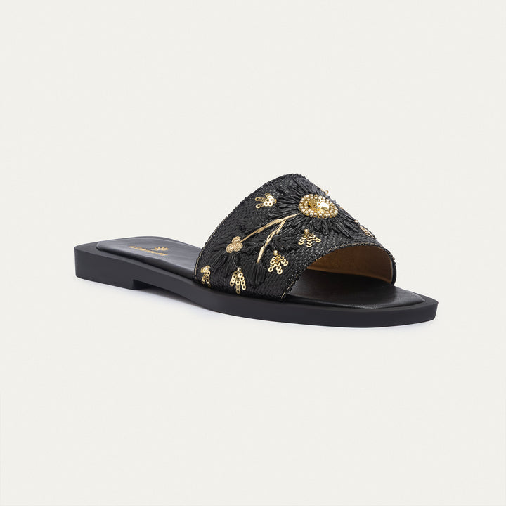 Bloom Embroidered Raffia Slides | Black