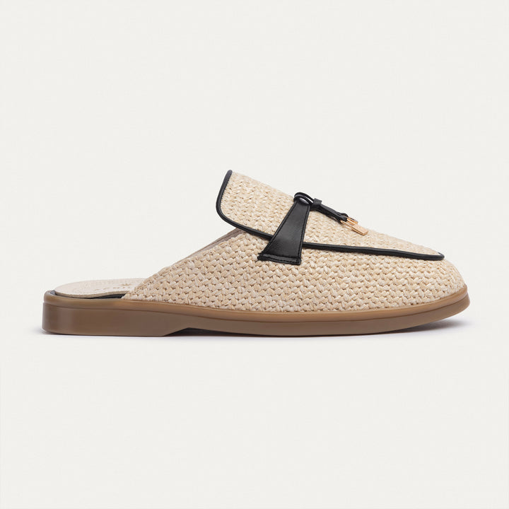 The Riviera Mules Woven Beige With Black Piping