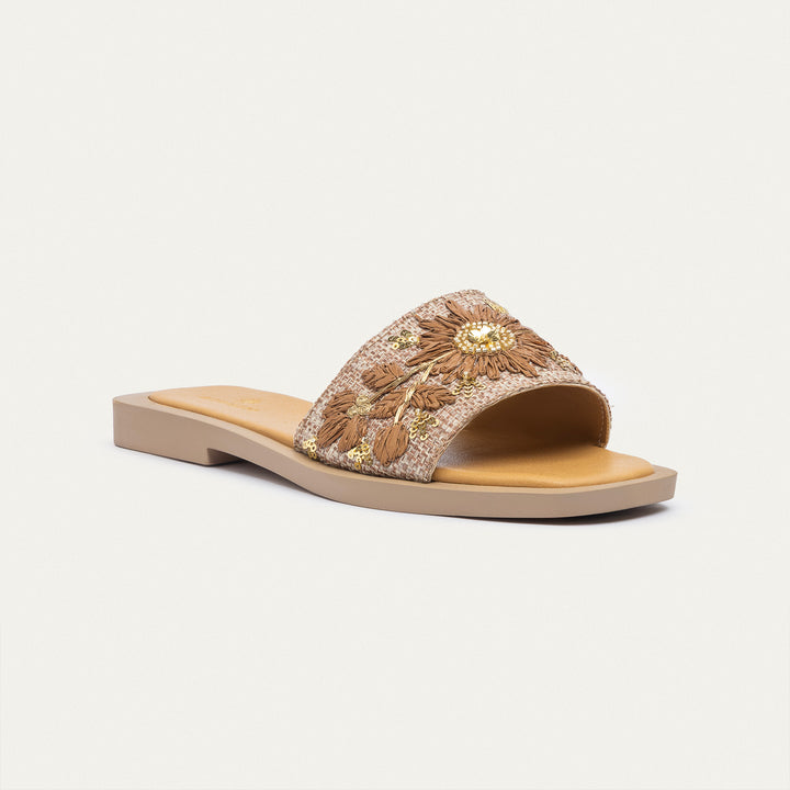 Achilles | Bloom Embroidered Raffia Slides - Tan Brown