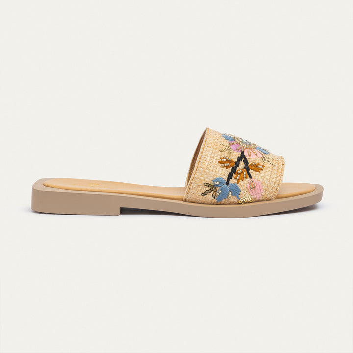 Achilles | Bloom Embroidered Raffia Slides - Beige