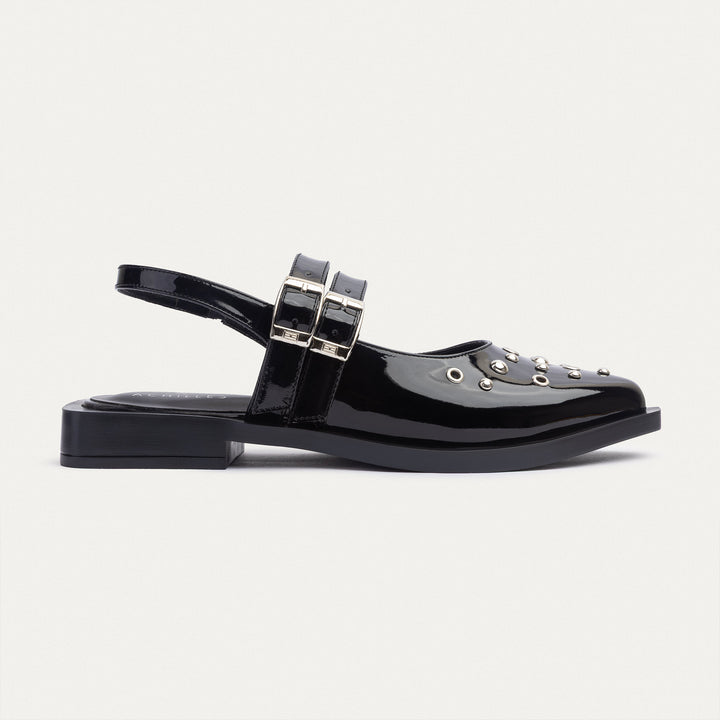 Women's Gilded Stud Slingback Flats | Glossy Patent Black