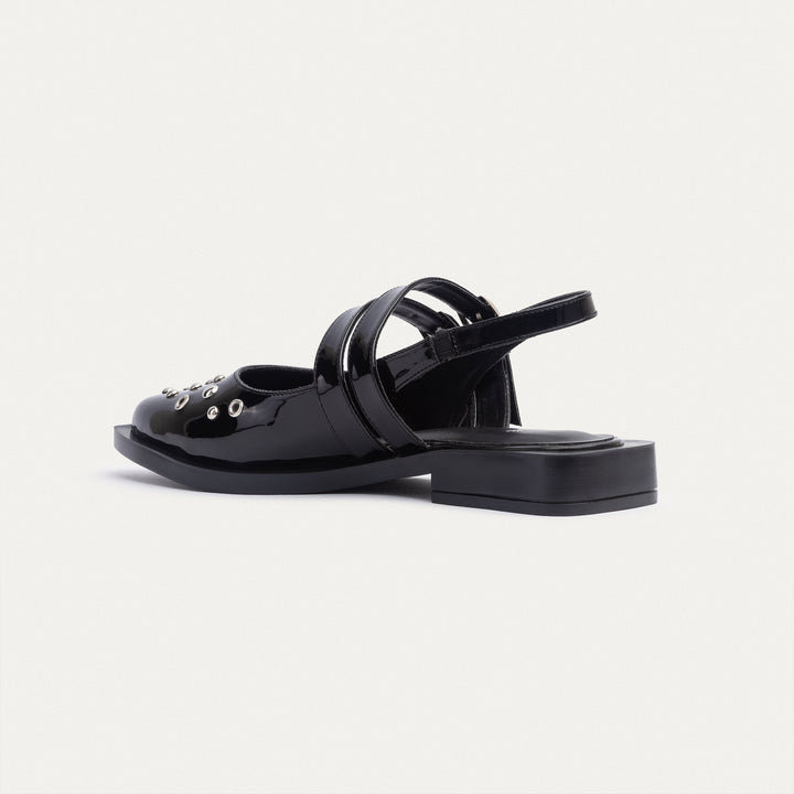 Women's Gilded Stud Slingback Flats | Glossy Patent Black