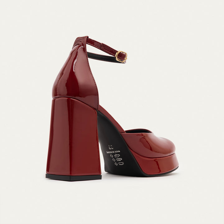 Achilles| Patent Platform Ankle Strap Pumps - Burgundy
