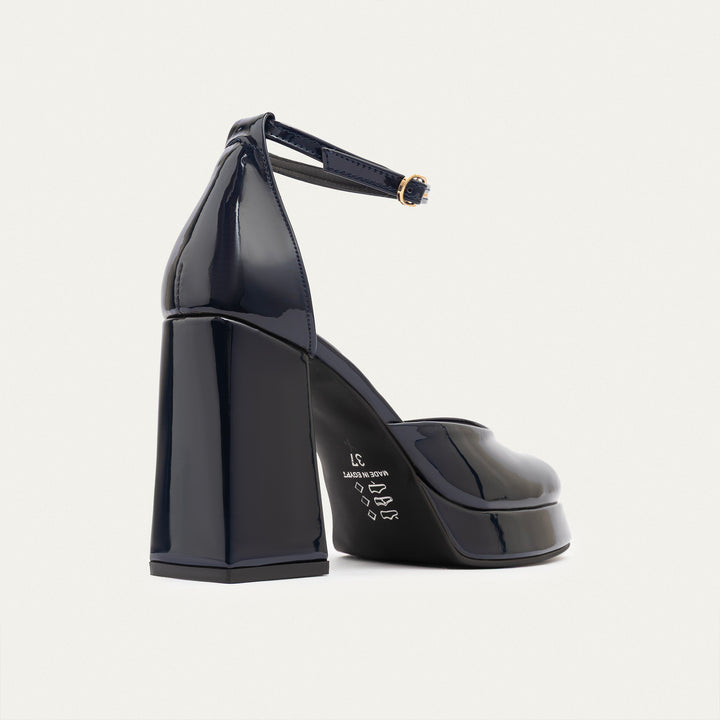 Achilles| Patent Platform Ankle Strap Pumps - Navy Blue