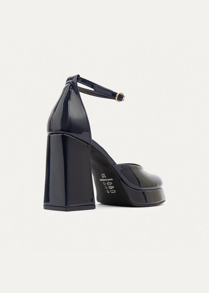 Achilles| Patent Platform Ankle Strap Pumps - Navy Blue