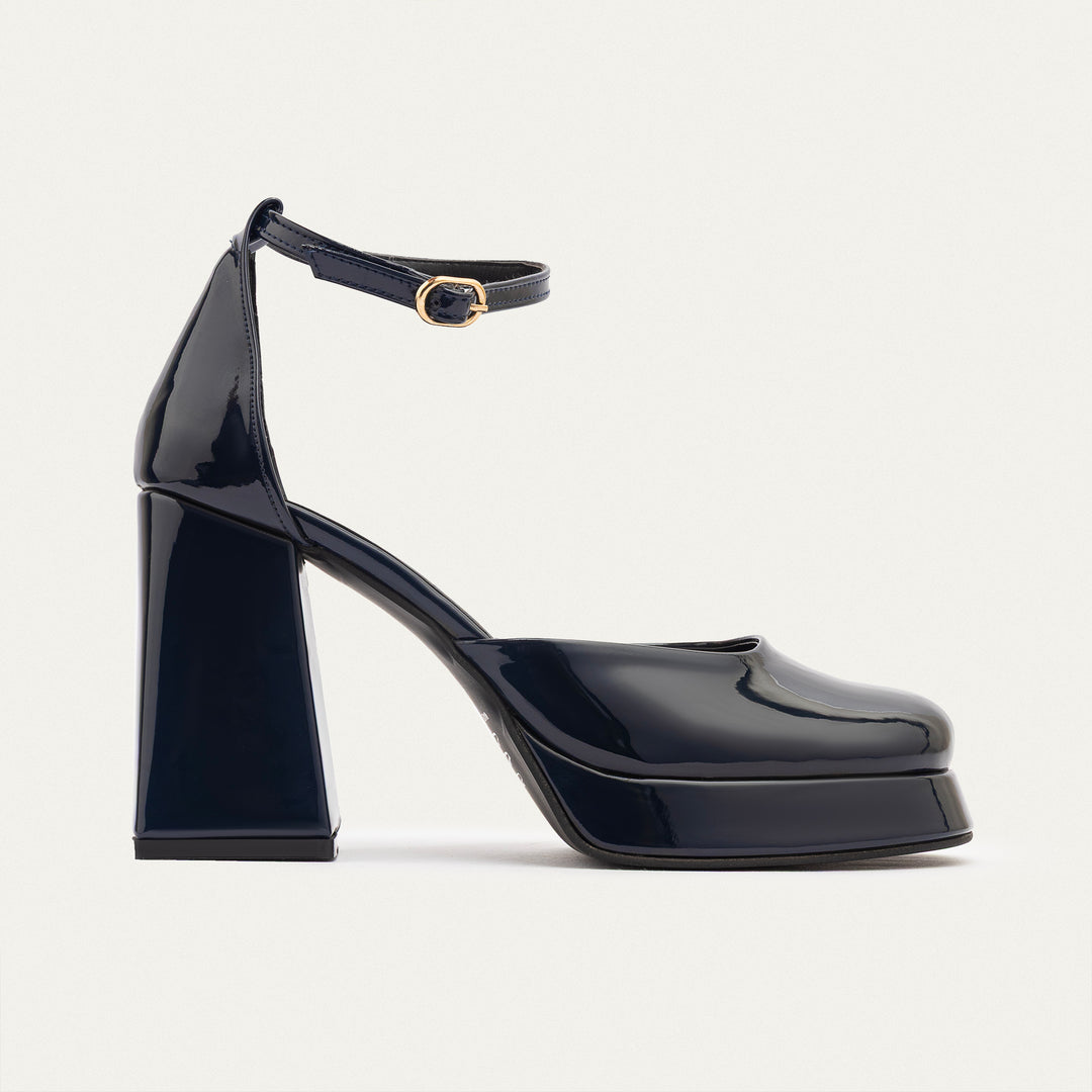 Achilles| Patent Platform Ankle Strap Pumps - Navy Blue