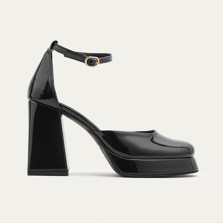 Achilles| Patent Platform Ankle Strap Pumps - Black