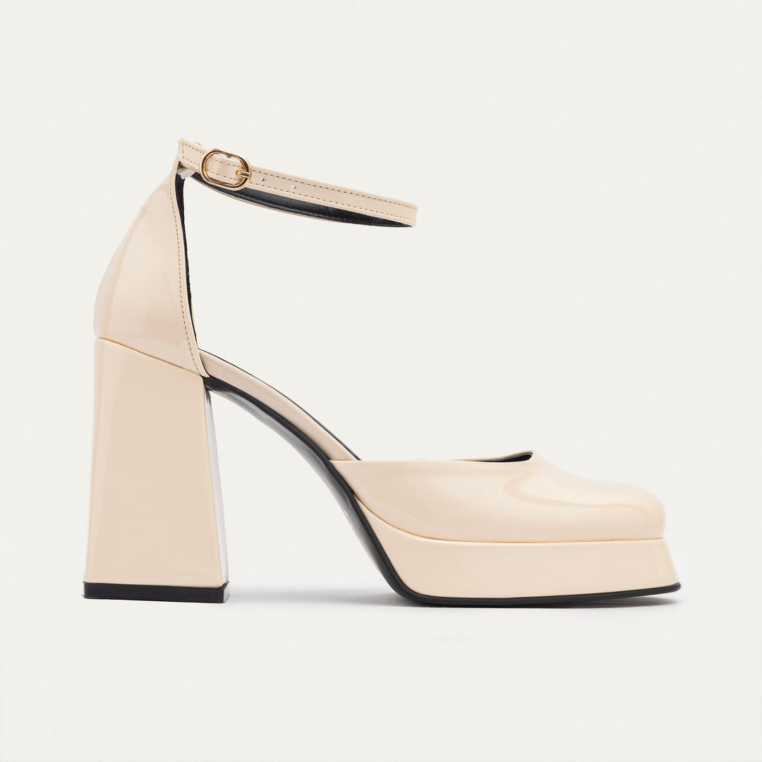Achilles| Patent Platform Ankle Strap Pumps - Beige