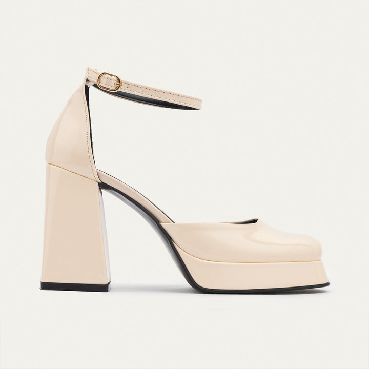 Achilles| Patent Platform Ankle Strap Pumps - Beige