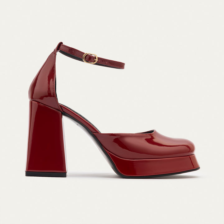 Achilles| Patent Platform Ankle Strap Pumps - Burgundy