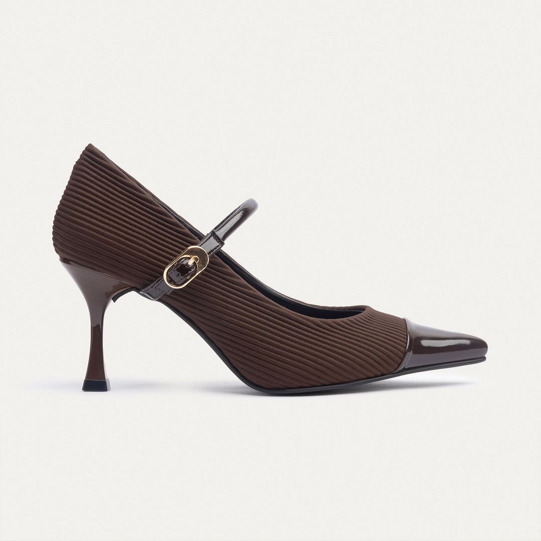 Achilles| Ribbed Mary Jane Heels - Brown