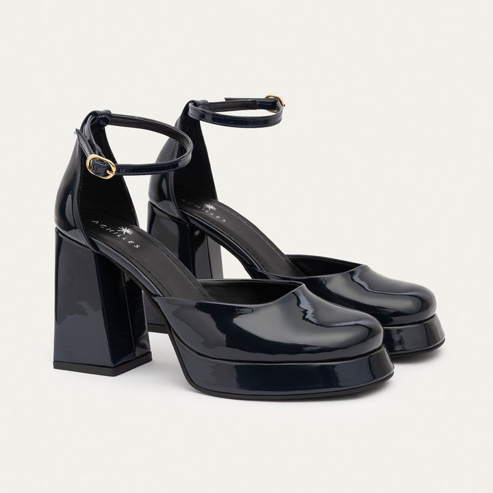 Achilles| Patent Platform Ankle Strap Pumps - Navy Blue