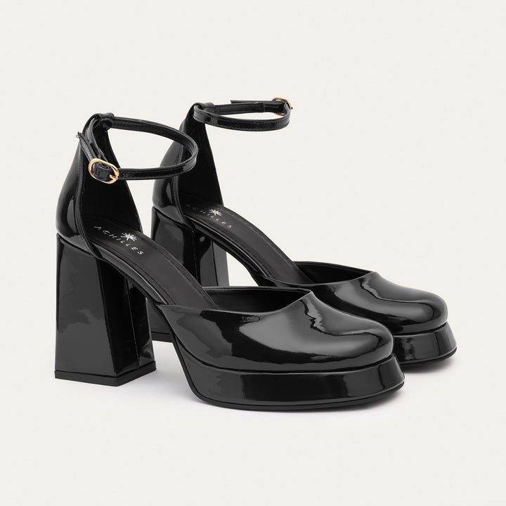 Achilles| Patent Platform Ankle Strap Pumps - Black