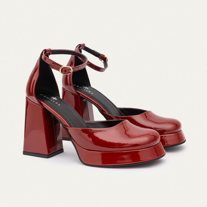 Achilles| Patent Platform Ankle Strap Pumps - Burgundy
