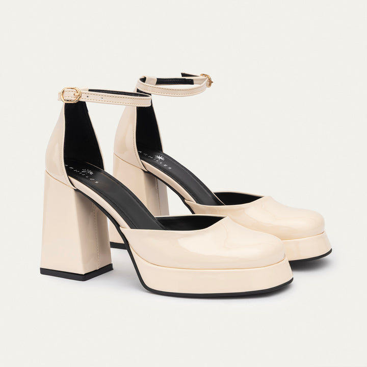 Achilles| Patent Platform Ankle Strap Pumps - Beige