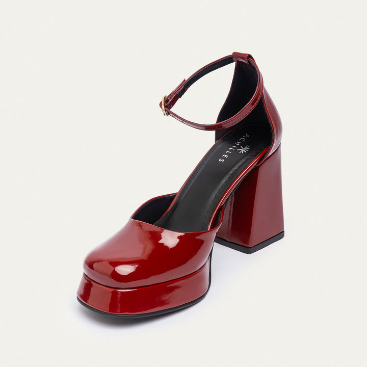 Achilles| Patent Platform Ankle Strap Pumps - Burgundy