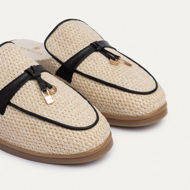 The Riviera Mules Woven Beige With Black Piping