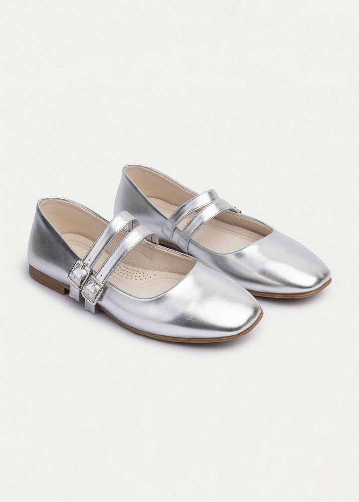 Milan Double Strap Mary Jane Flats | Silver