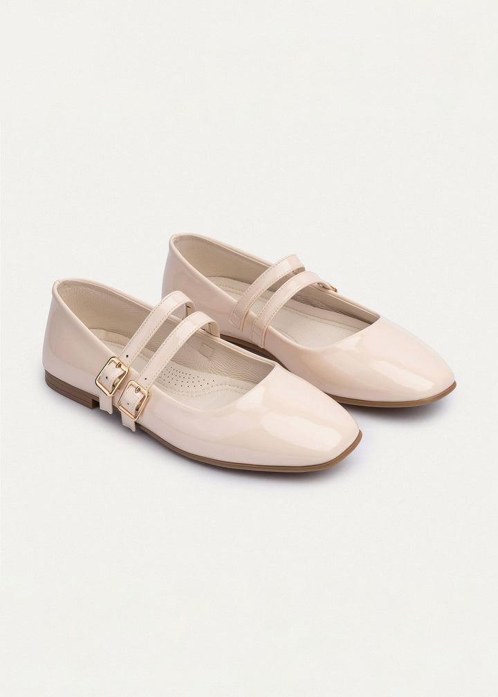 Milan Double Flats Mary Jane Flats | Patent Beige