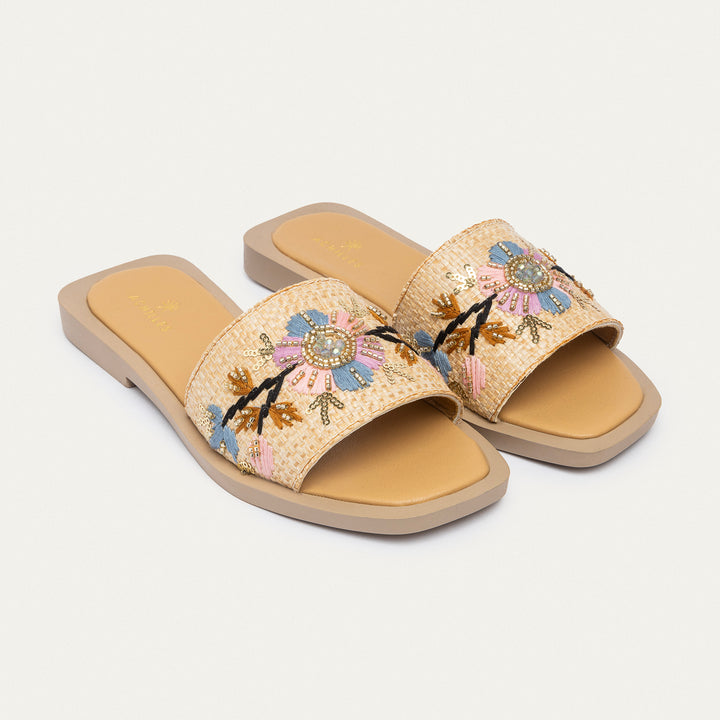 Bloom Embroidered Raffia Slides | Beige