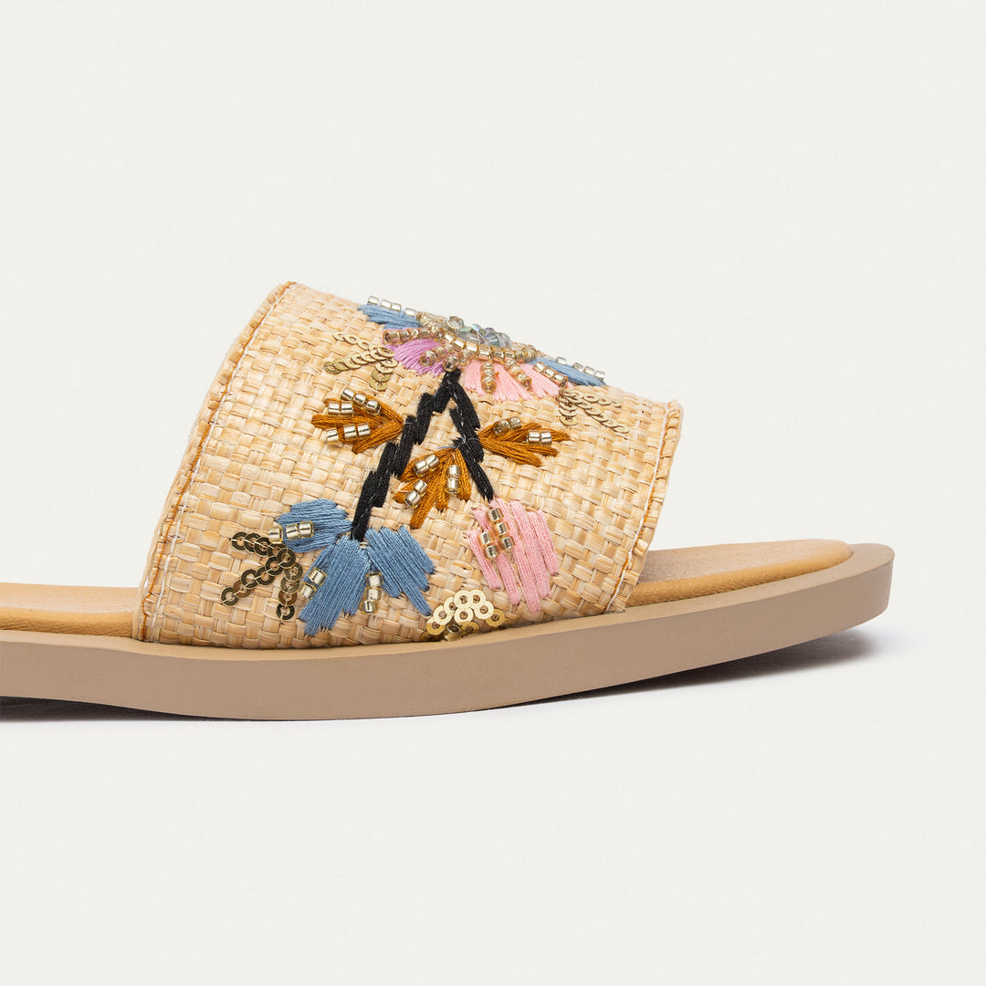 Achilles | Bloom Embroidered Raffia Slides - Beige