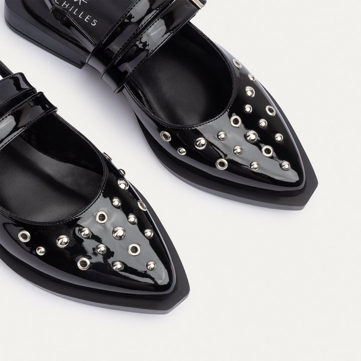 Women's Gilded Stud Slingback Flats | Glossy Patent Black