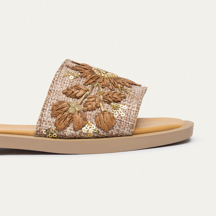Achilles | Bloom Embroidered Raffia Slides - Tan Brown