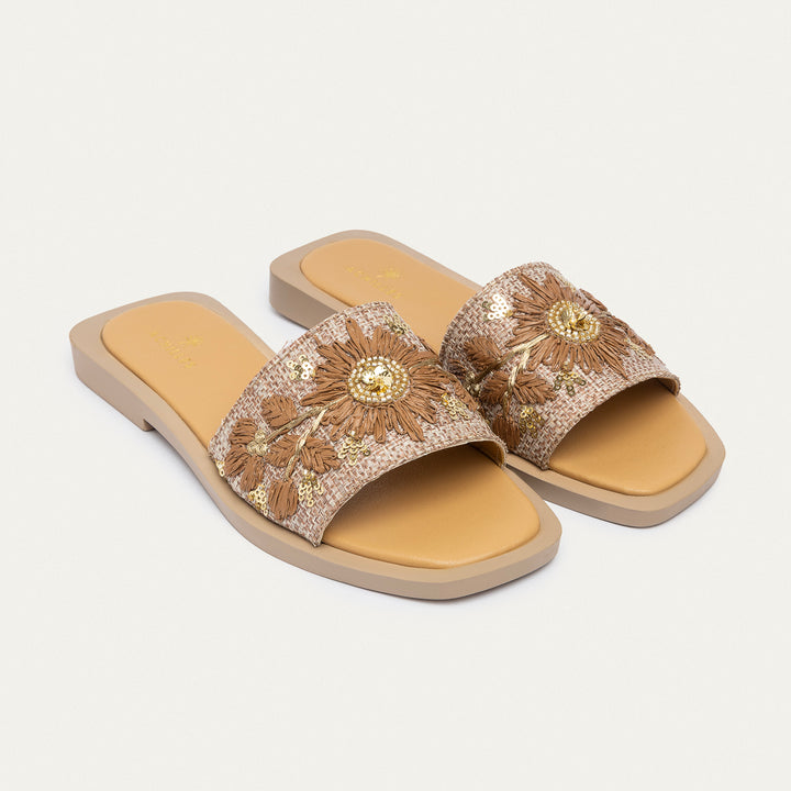 Achilles | Bloom Embroidered Raffia Slides - Tan Brown