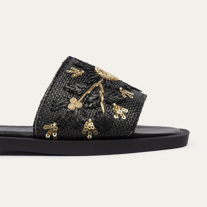 Bloom Embroidered Raffia Slides | Black