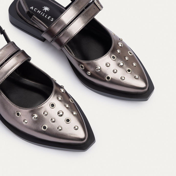 Achilles |  Women's Gilded Stud Slingback Flats - Bronze Gray