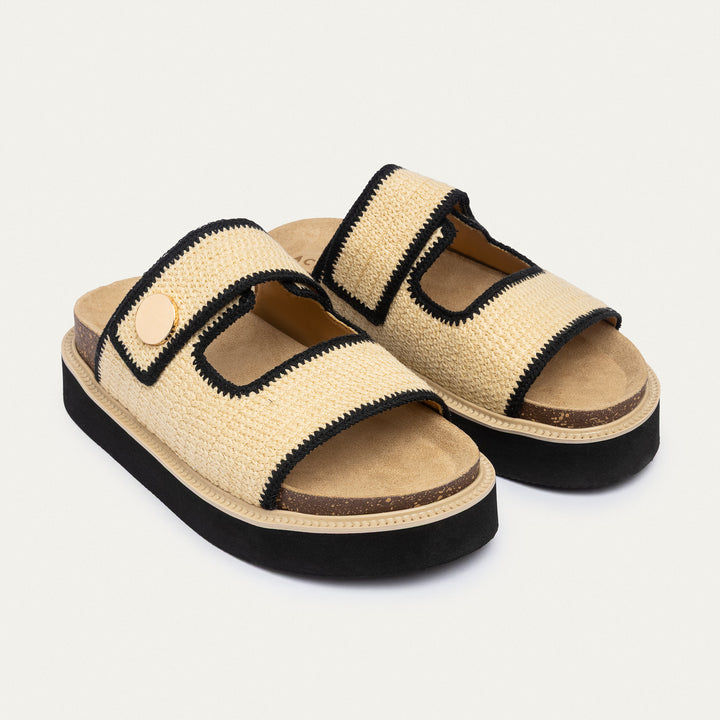 Coastal Banded Straw Platform Slides | Beige