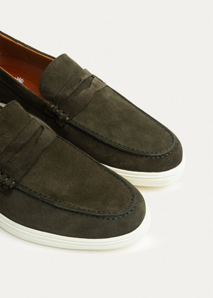 Suede Leather Penny Loafers | Olive