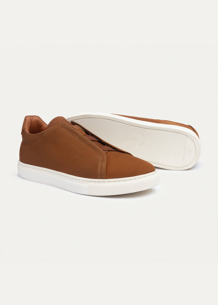 Achilles Theo - Men's Slip-On Leather Sneakers - Suede Textured Cinnamon