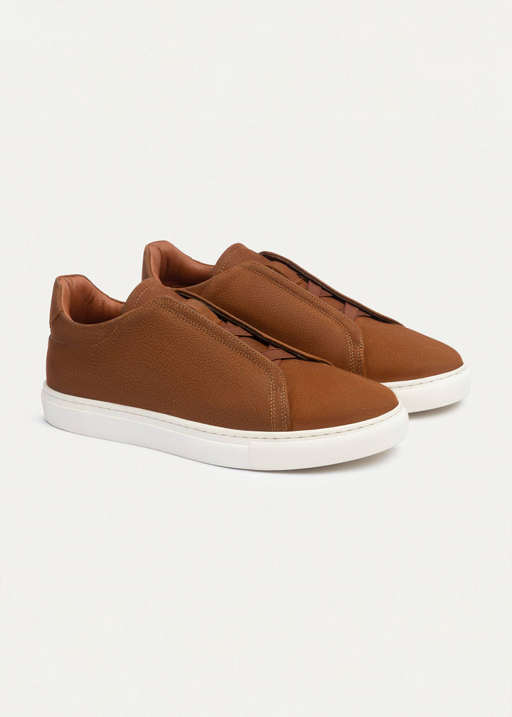 Achilles Theo - Men's Slip-On Leather Sneakers - Suede Textured Cinnamon