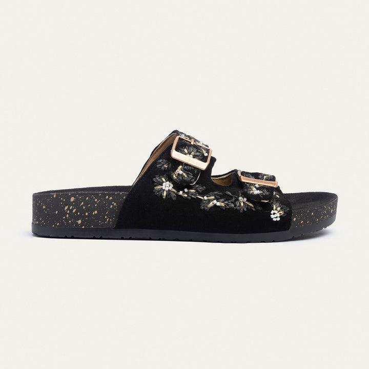Floral Grace Buckle Slides | Black