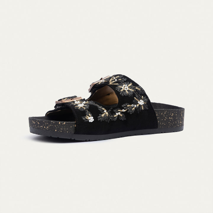 Floral Grace Buckle Slides | Black