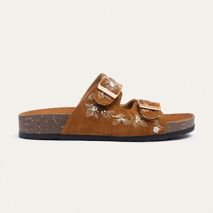 Achilles | Floral Grace Buckle Slides - Cinnamon