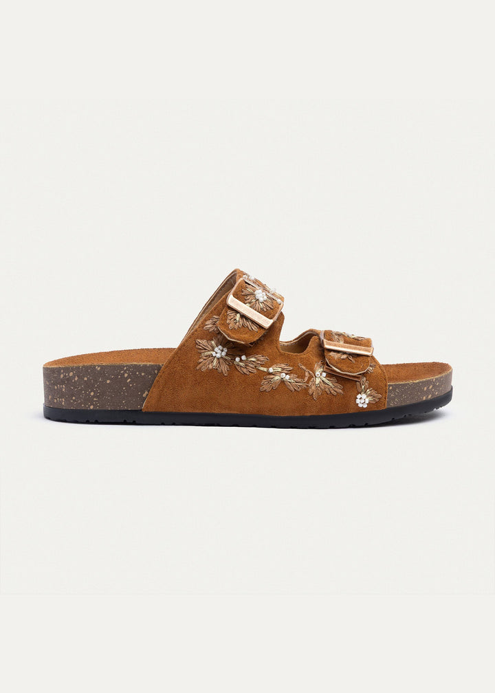 Floral Grace Buckle Slides | Cinnamon