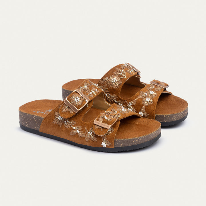 Achilles | Floral Grace Buckle Slides - Cinnamon